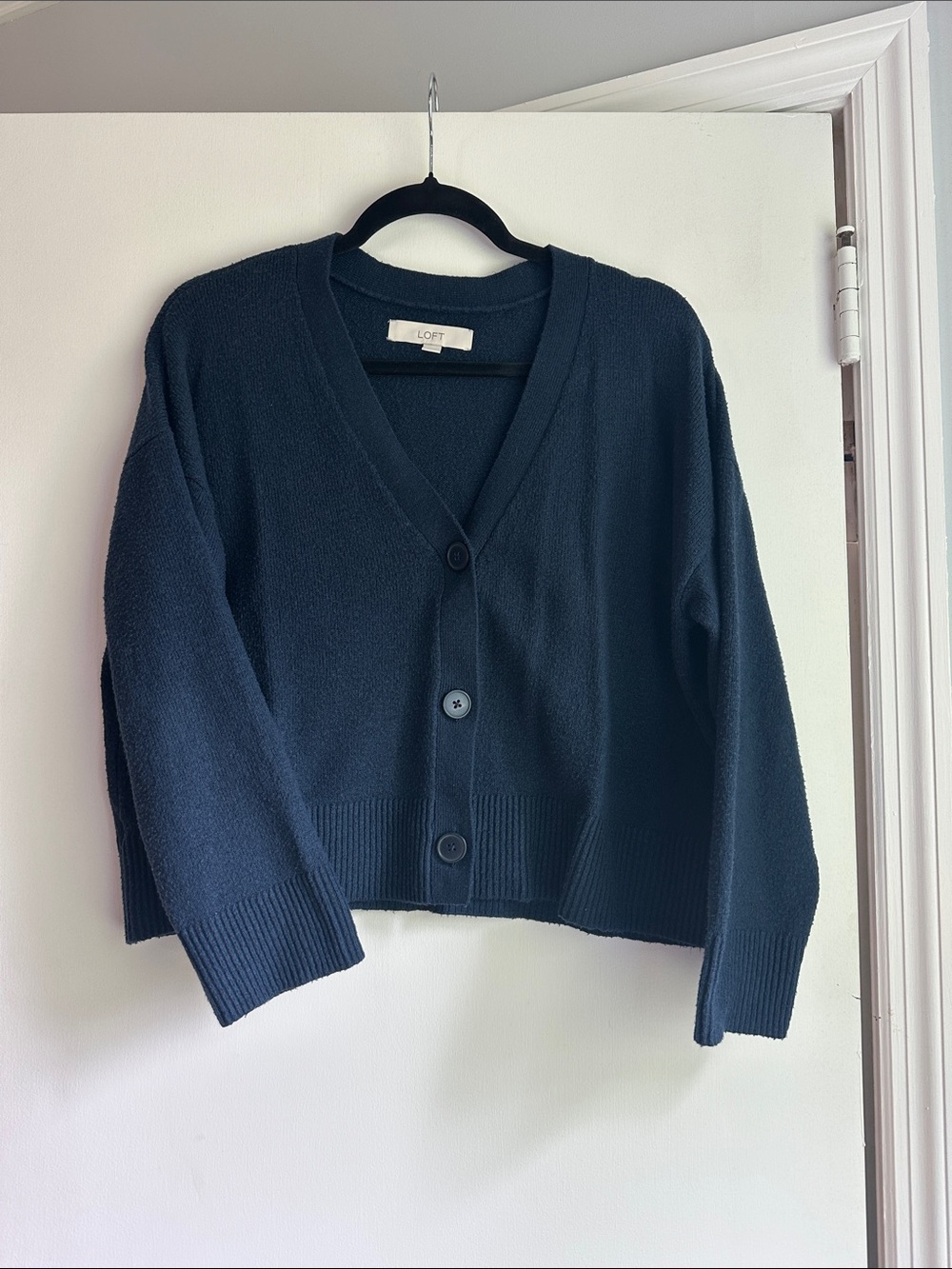 LOFT Dark Navy V-Neck Button Cropped Cardigan
